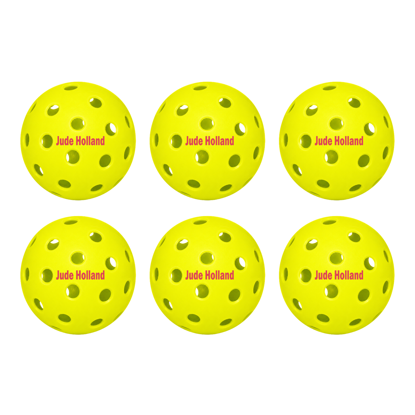 Customized Franklin Pickle Balls, 6 Pack X40 Outdoor Pickleballs with custom text written in the middle in maroon color.