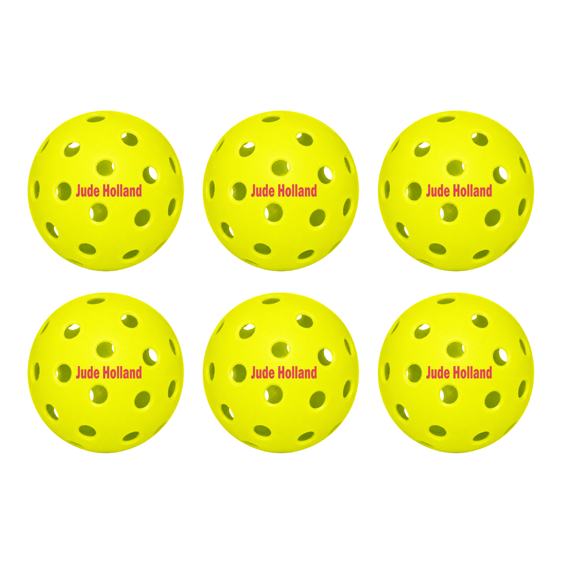 Customized Franklin Pickle Balls, 6 Pack X40 Outdoor Pickleballs with custom text written in the middle in maroon color.