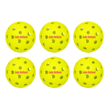 Customized Franklin Pickle Balls, 6 Pack X40 Outdoor Pickleballs with custom text written in the middle in maroon color.