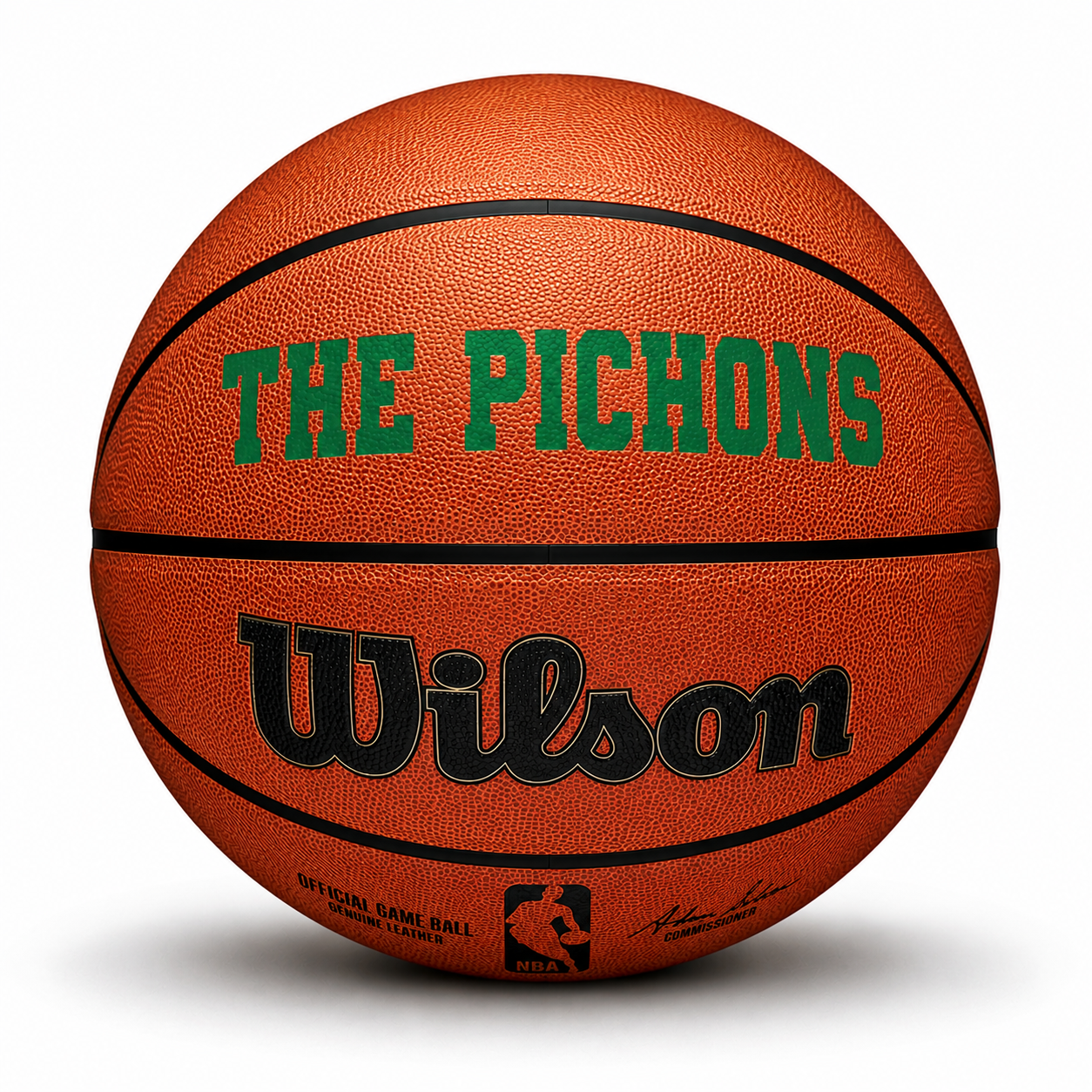 Customizable NBA official game basketball with custom text on top panel in green color