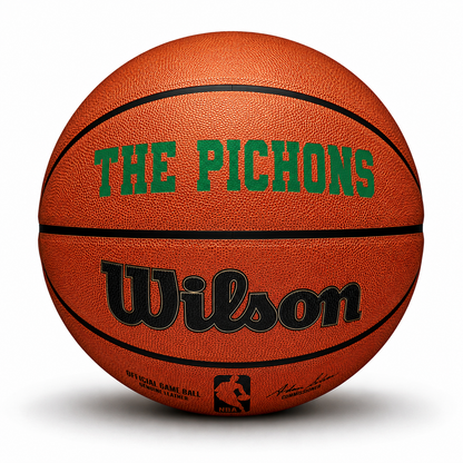 Customizable NBA official game basketball with custom text on top panel in green color