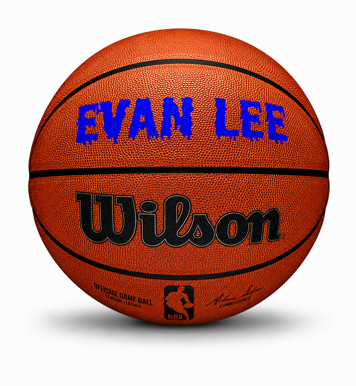 Customizable NBA Official Game Basketball a custom text on the top panel in royal blue color.