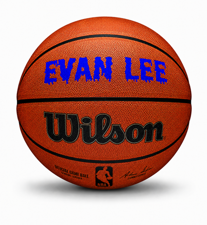 Customizable NBA Official Game Basketball a custom text on the top panel in royal blue color.