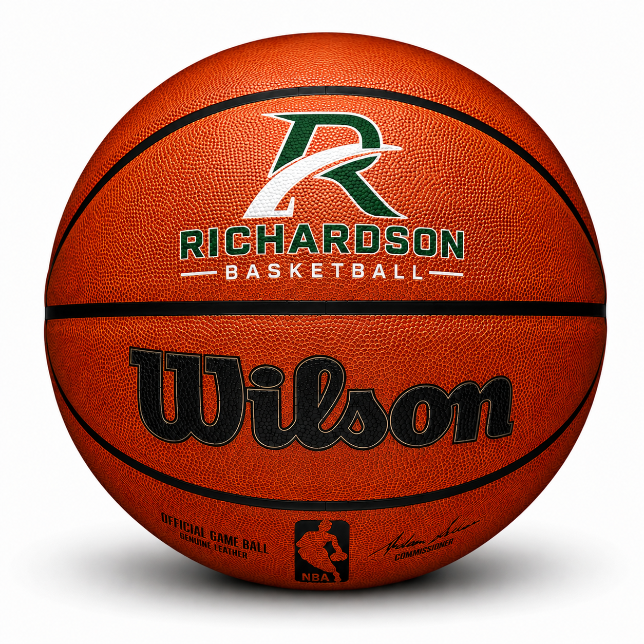 Customizable NBA Official Game Basketball with custom logo on the top panel in multi color.