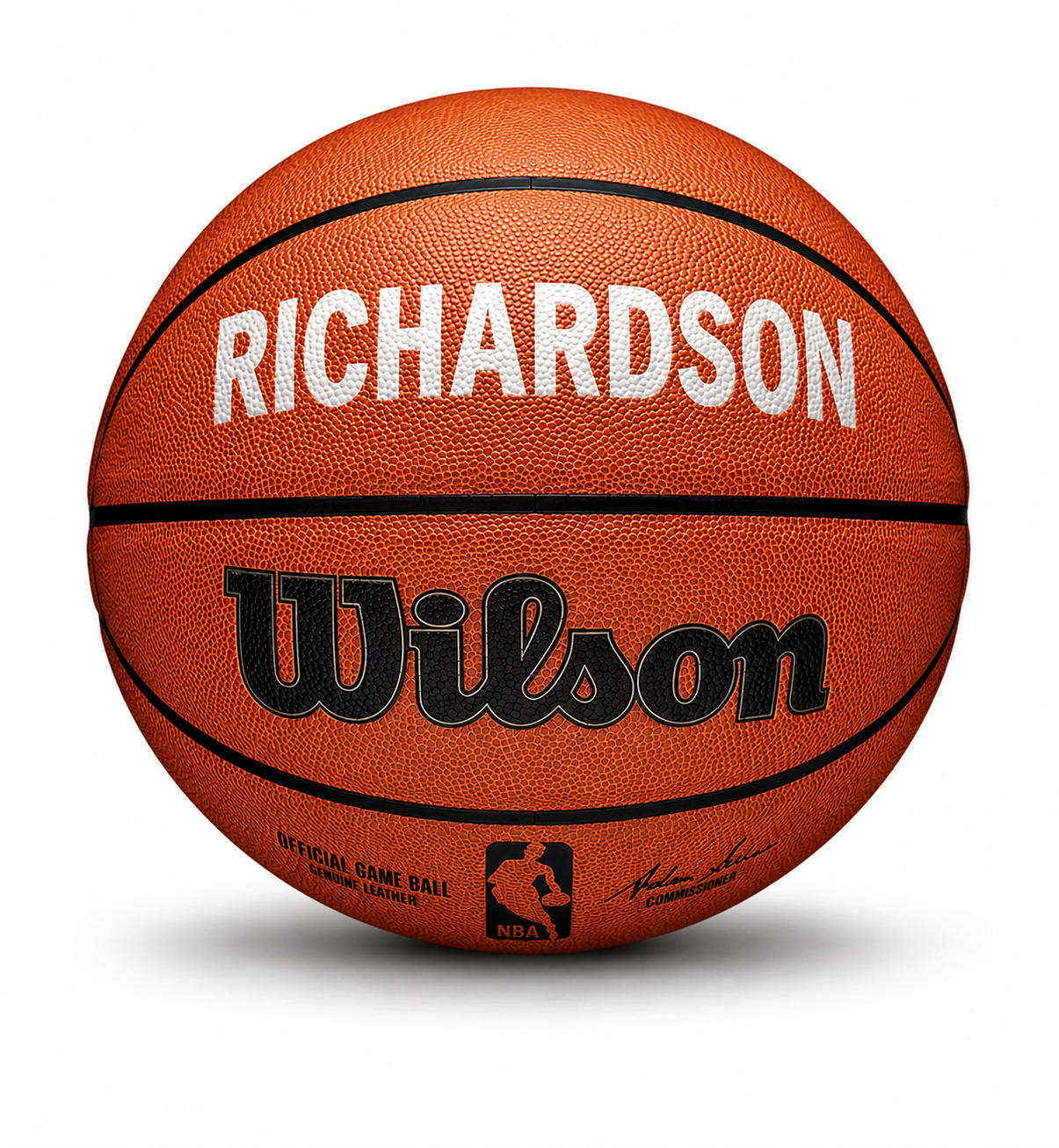 Customizable NBA Official Game Basketball with custom text written on top panel in white color.