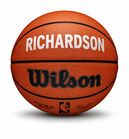 Customizable NBA Official Game Basketball with custom text written on top panel in white color.