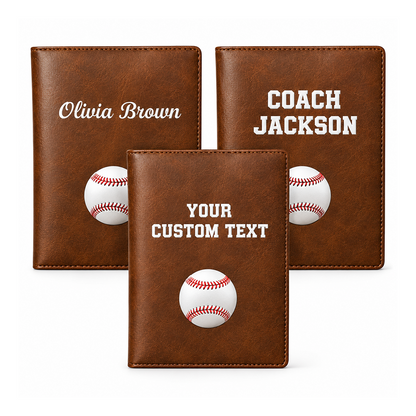 Personalized baseball-themed leather cover with custom name and text perfect gift for your coach