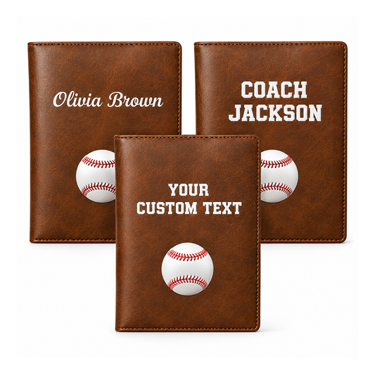 Personalized baseball-themed leather cover with custom name and text perfect gift for your coach