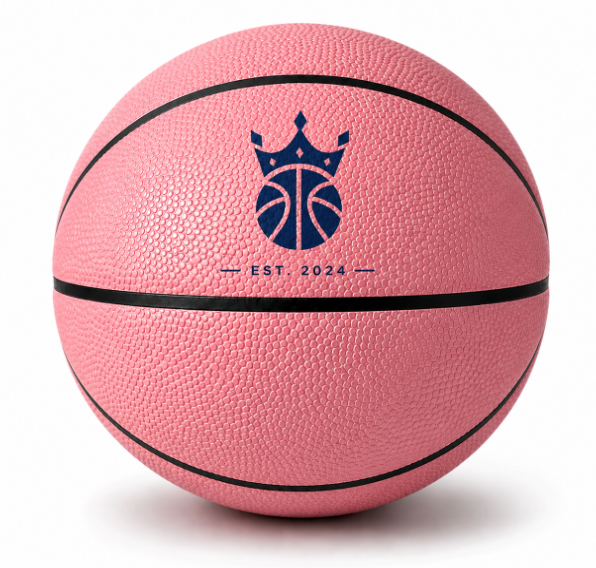 Customized Personalized Pink Basketball, Indoor Outdoor with a custom logo on the top panel in blue color.