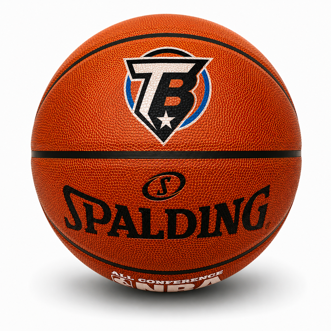 Customized Personalized Spalding All Conference Indoor Outdoor Basketball with a custom logo on the top panel.