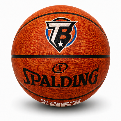 Customized Personalized Spalding All Conference Indoor Outdoor Basketball with a custom logo on the top panel.