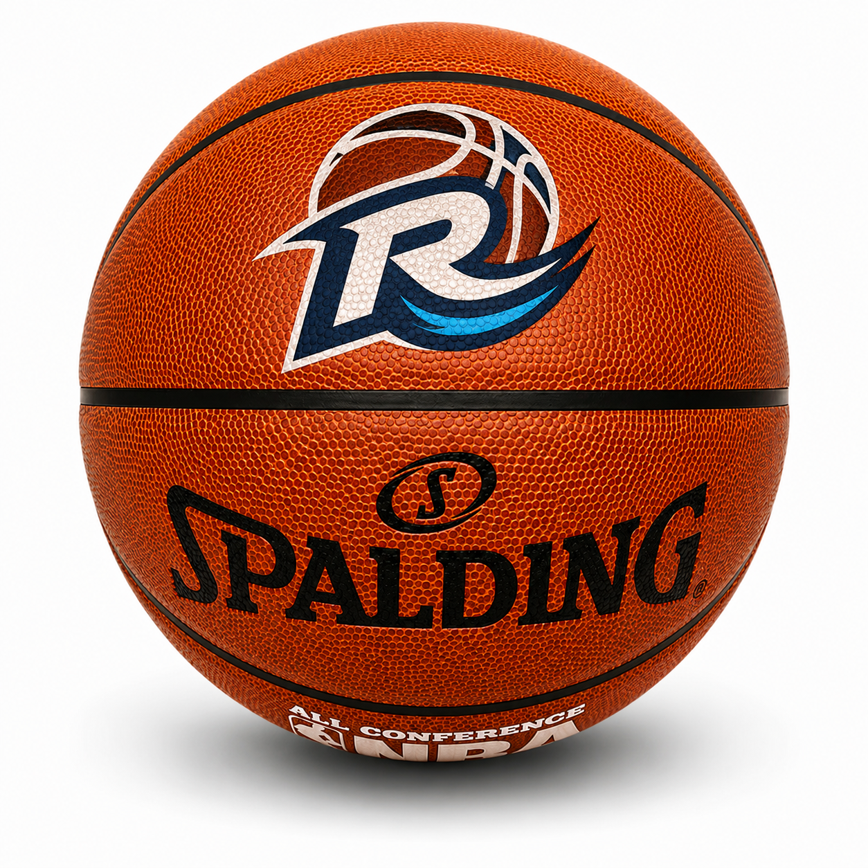 Customized Personalized Spalding All Conference Indoor Outdoor Basketball with a custom logo on the top panel.