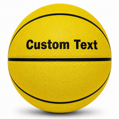Customized Yellow Outdoor Basketball, Rubber Ball with custom text on the top panel.