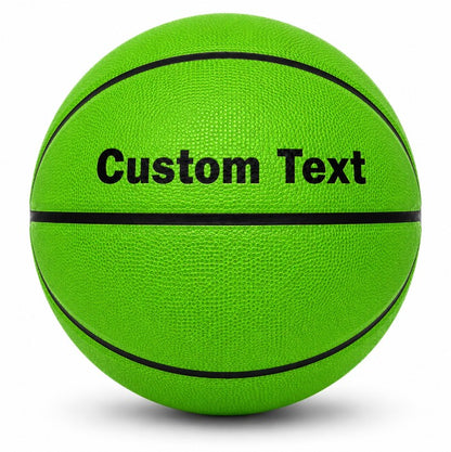 Customized Green Outdoor Basketball, Rubber Ball with custom text on the top panel.