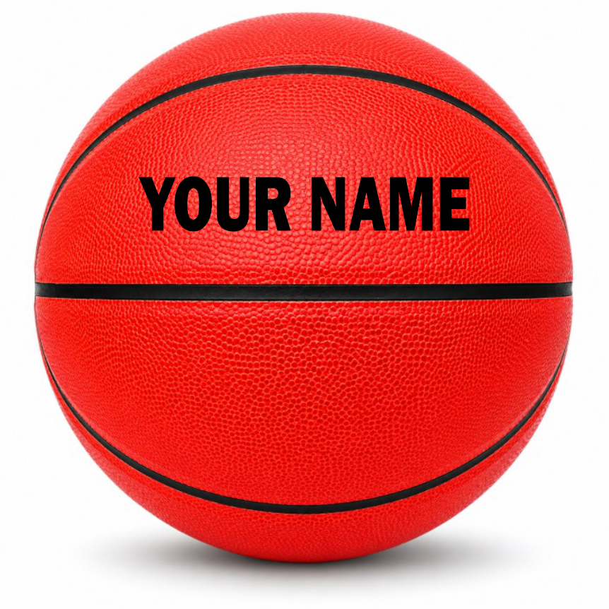 Customized Red Outdoor Basketball, Rubber Ball with a custom text on the top panel.