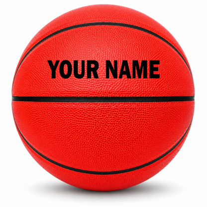 Customized Red Outdoor Basketball, Rubber Ball with a custom text on the top panel.
