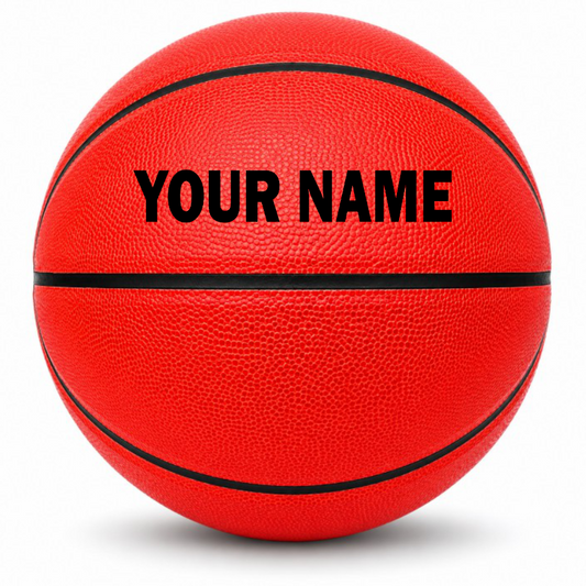 Customized Red Outdoor Basketball, Rubber Ball with a custom text on the top panel.