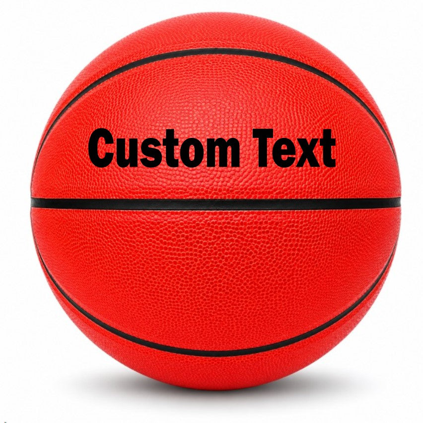 Customized Red Outdoor Basketball, Rubber Ball with a custom text printed on the top panel.
