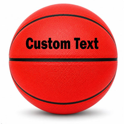 Customized Red Outdoor Basketball, Rubber Ball with a custom text printed on the top panel.