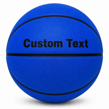 Customized Blue Outdoor Basketball, Rubber Ball with a custom text written on the top panel.