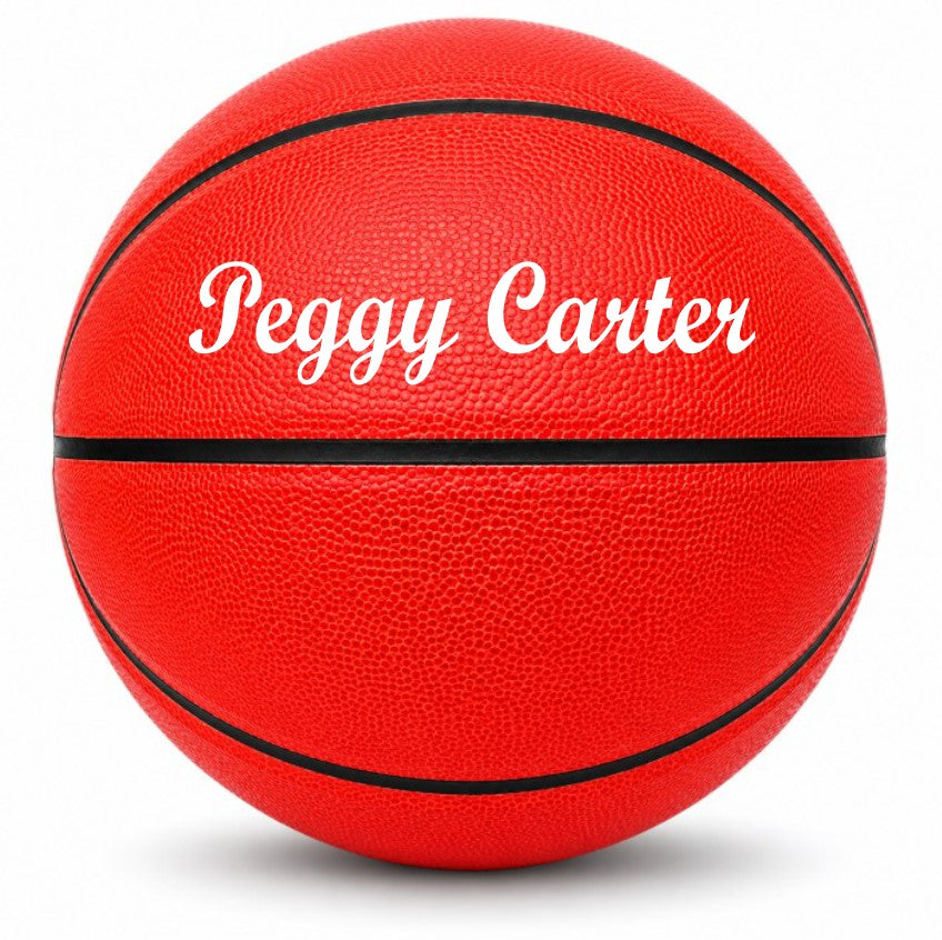 Customized Red Outdoor Basketball, Rubber Ball with a custom text written in white on top panel.