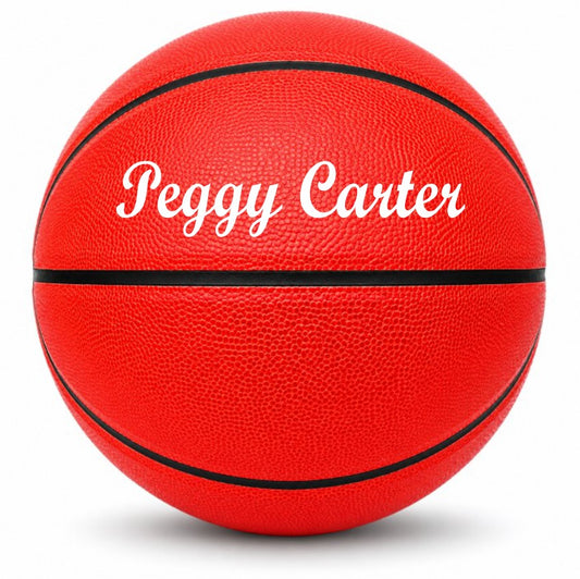 Customized Red Outdoor Basketball, Rubber Ball with a custom text written in white on top panel.