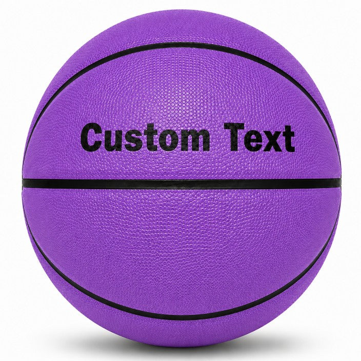 Customized Purple Outdoor Basketball, Rubber Ball with custom text on the top panel.