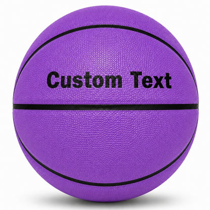 Customized Purple Outdoor Basketball, Rubber Ball with custom text on the top panel.