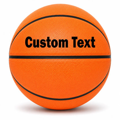 Customized Orange Outdoor Basketball, Rubber Ball with custom text on the top panel.