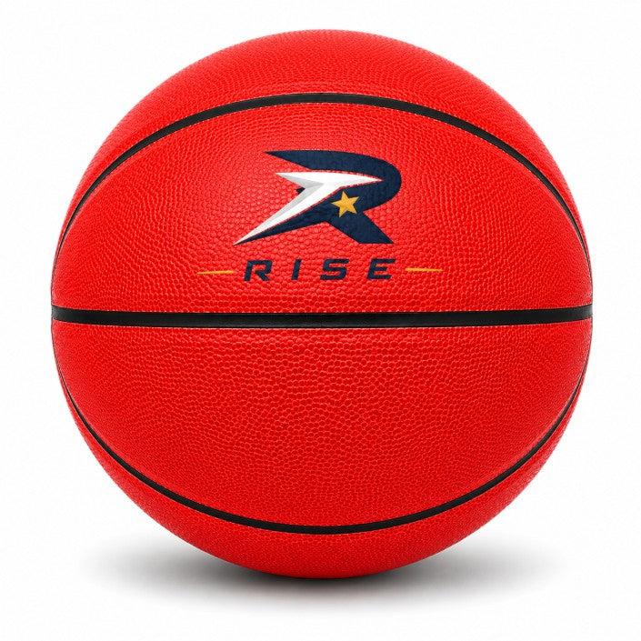 Customized Red Outdoor Basketball, Rubber Ball with a custom logo printed on the top panel.