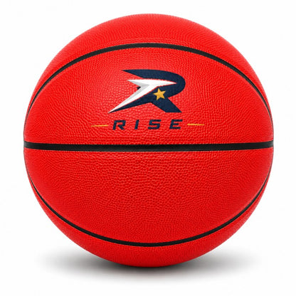 Customized Red Outdoor Basketball, Rubber Ball with a custom logo printed on the top panel.