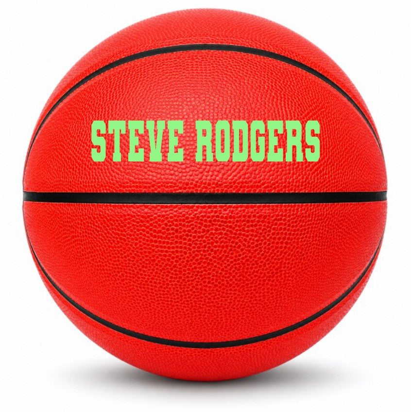 Customized Red Outdoor Basketball, Rubber Ball with a custom text printed on the top panel in bright green.