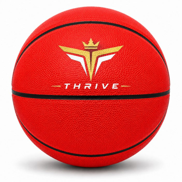 Customized Red Outdoor Basketball, Rubber Ball with a custom logo printed on the top panel.