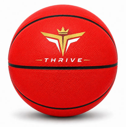 Customized Red Outdoor Basketball, Rubber Ball with a custom logo printed on the top panel.
