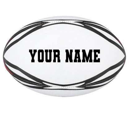 Customized Rugby Ball with custom text written on one panel.