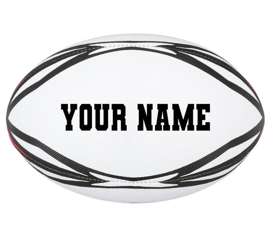 Customized Rugby Ball with custom text written on one panel.