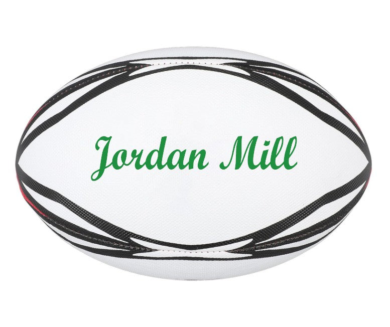 Customized Rugby Ball with custom text written on the middle panel in dark green color.