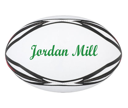 Customized Rugby Ball with custom text written on the middle panel in dark green color.