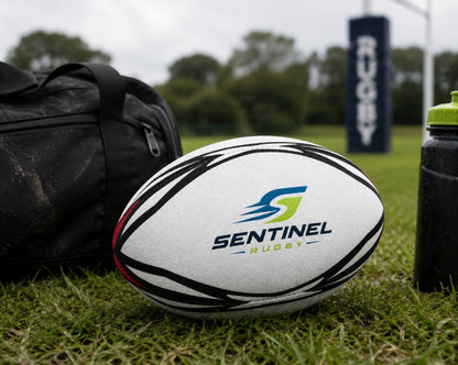 Lifestye image of a Customized Rugby Ball with a custom logo on the middle panel.
