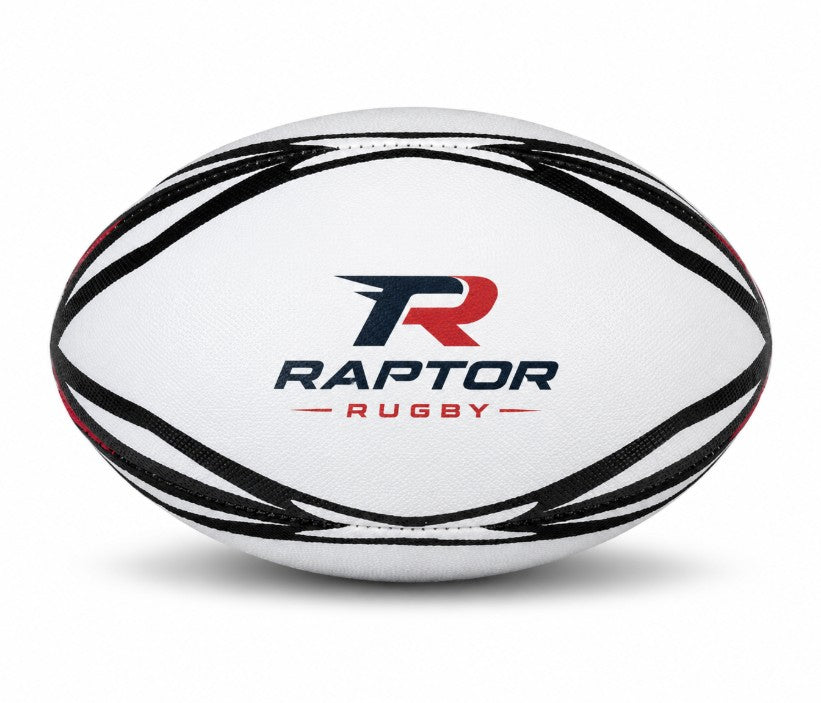 Customized Rugby Ball with a custom logo printed on the middle panel in multi color.