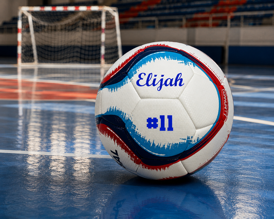 Lifestyle image of a Customized Senda Futsal Ball, Belem Training Ball with custom text printed on it.