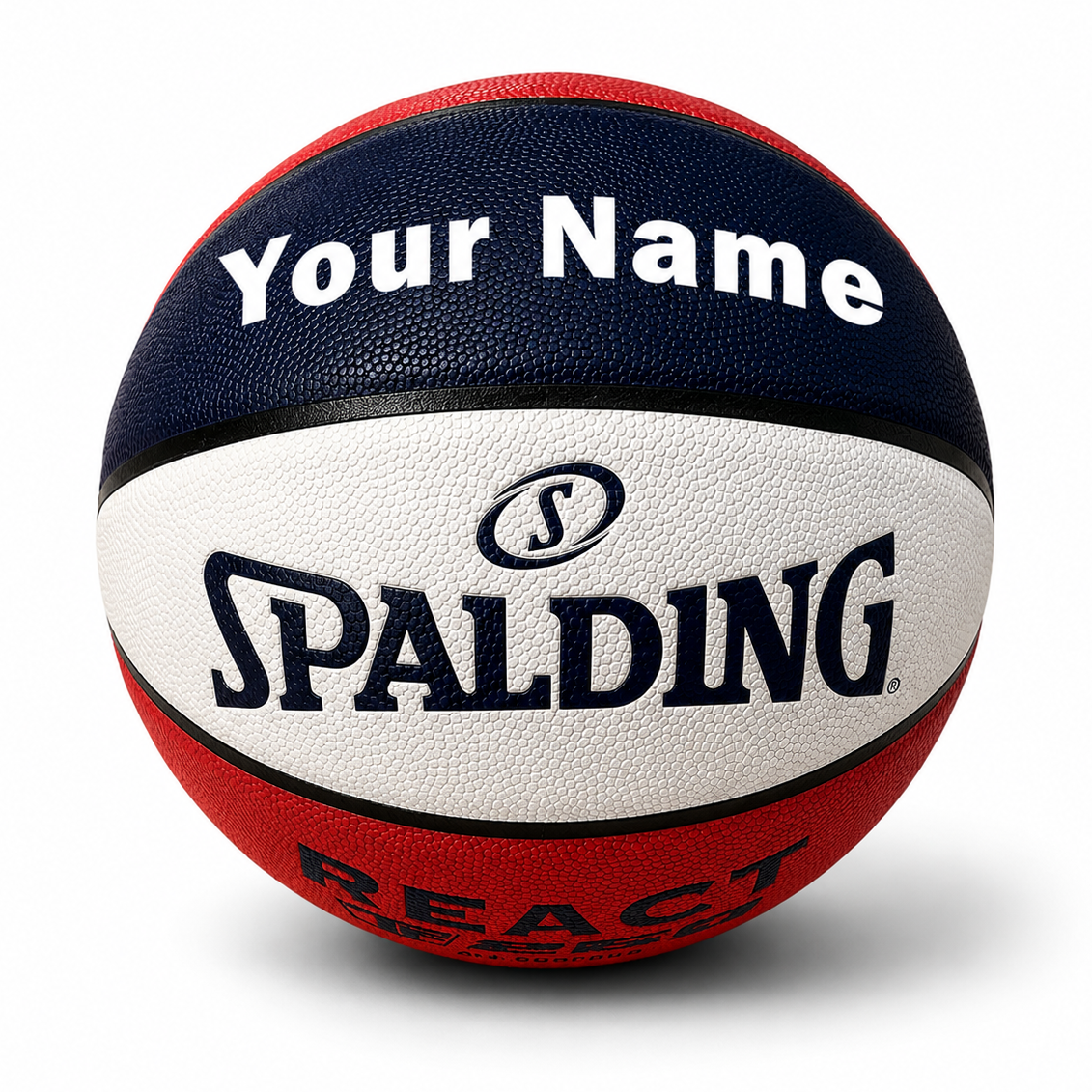 Customized Spalding Red White and Blue Indoor Outdoor TF250 Basketball
 with custom text on the top panel.