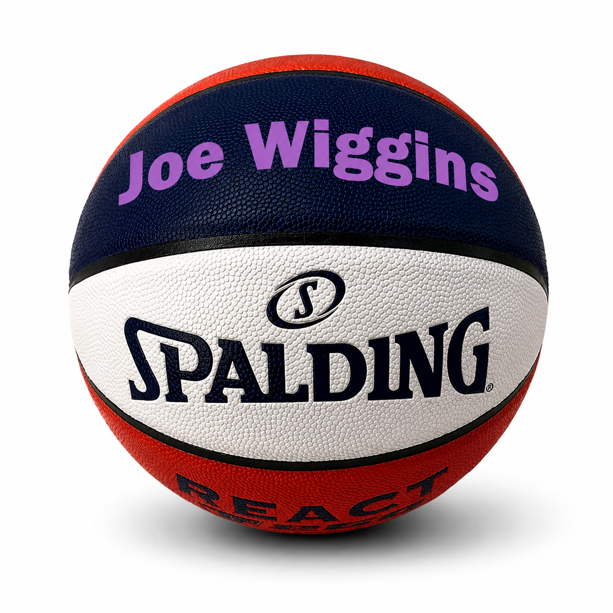 Customized Spalding Red White and Blue Indoor Outdoor TF250 Basketball
with custom text printed on the top panel in purple color.