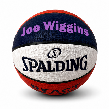 Customized Spalding Red White and Blue Indoor Outdoor TF250 Basketball
with custom text printed on the top panel in purple color.