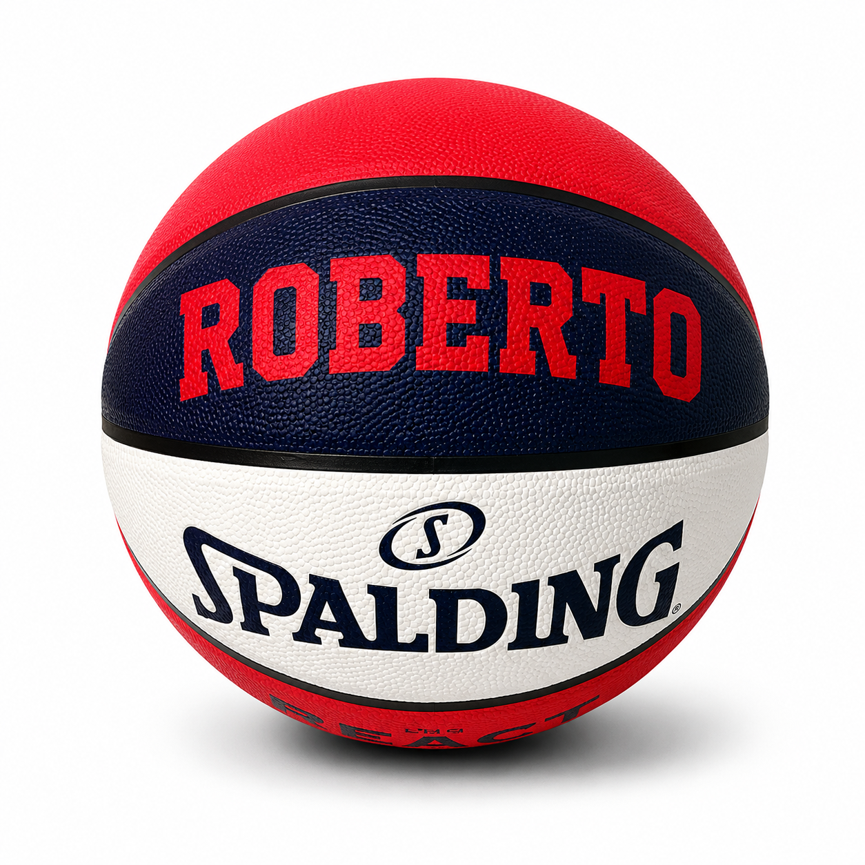 Customized Spalding Red White and Blue Indoor Outdoor TF250 Basketball
with custom text printed on the top panel in red color.