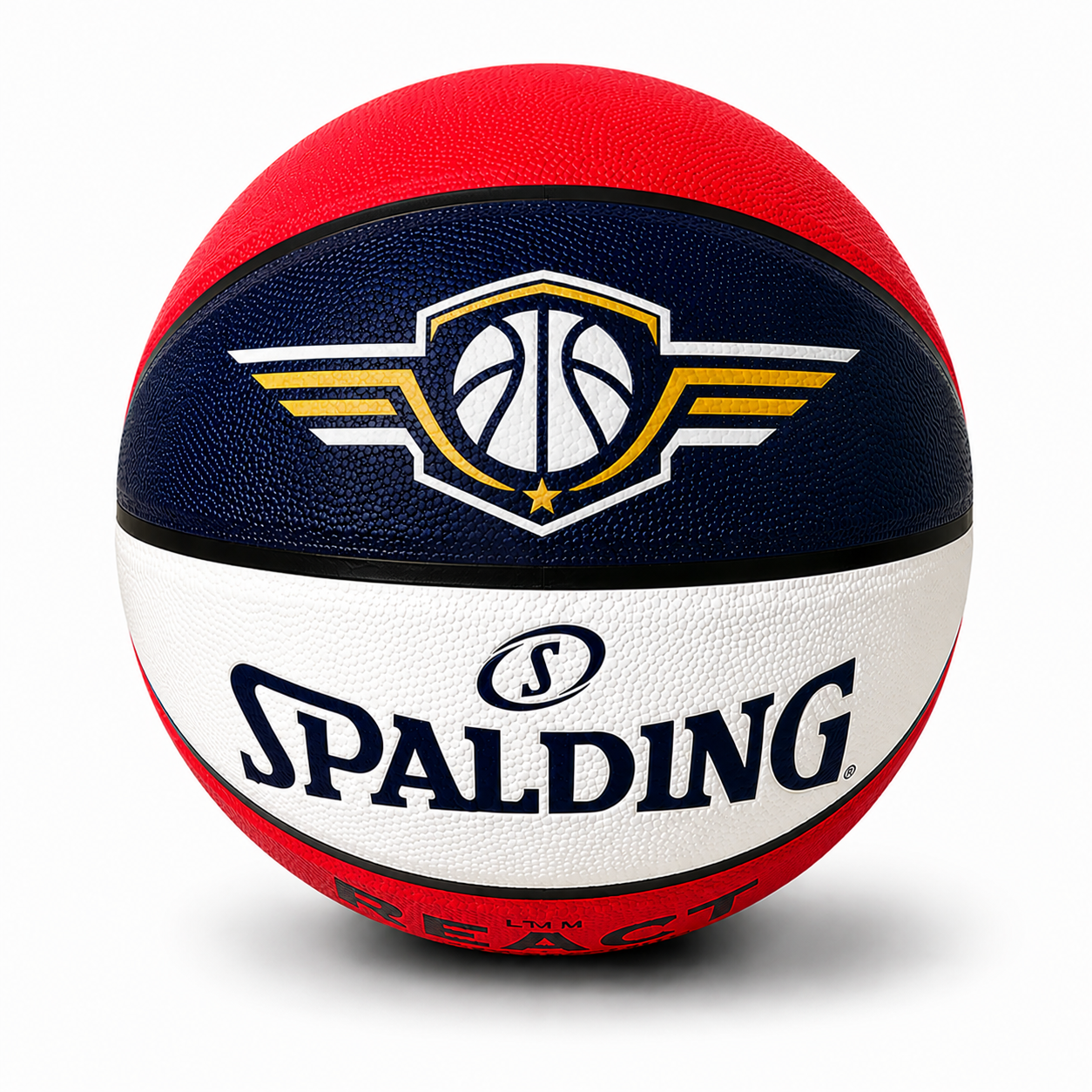 Customized Spalding Red White and Blue Indoor Outdoor TF250 Basketball with a custom logo on the top panel.