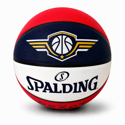 Customized Spalding Red White and Blue Indoor Outdoor TF250 Basketball with a custom logo on the top panel.