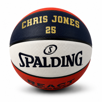 Customized Spalding Red White and Blue Indoor Outdoor TF250 Basketball
with custom text printed on the top panel in gold color.