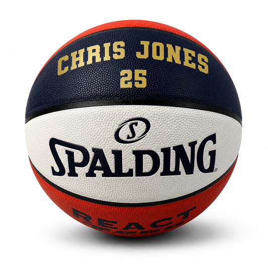 Customized Spalding Red White and Blue Indoor Outdoor TF250 Basketball
with custom text printed on the top panel in gold color.