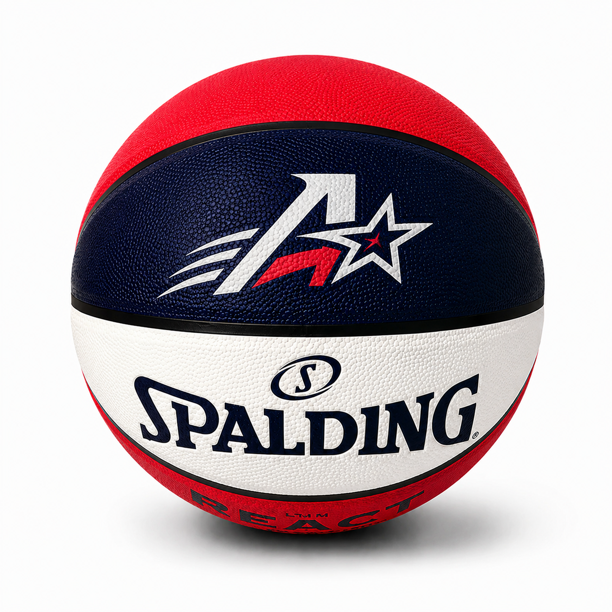 Customized Spalding Red White and Blue Indoor Outdoor TF250 Basketball with a custom logo on the top panel in multicolor.